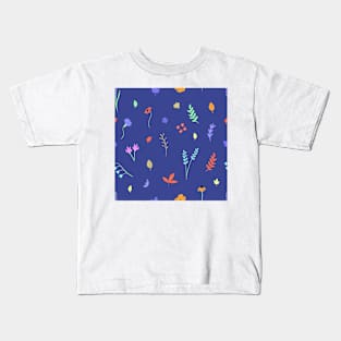 Florals and Leaves on a Blue Background Kids T-Shirt